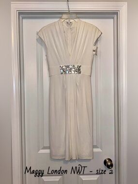 Maggy London White Midi Dress with Jeweled Waist